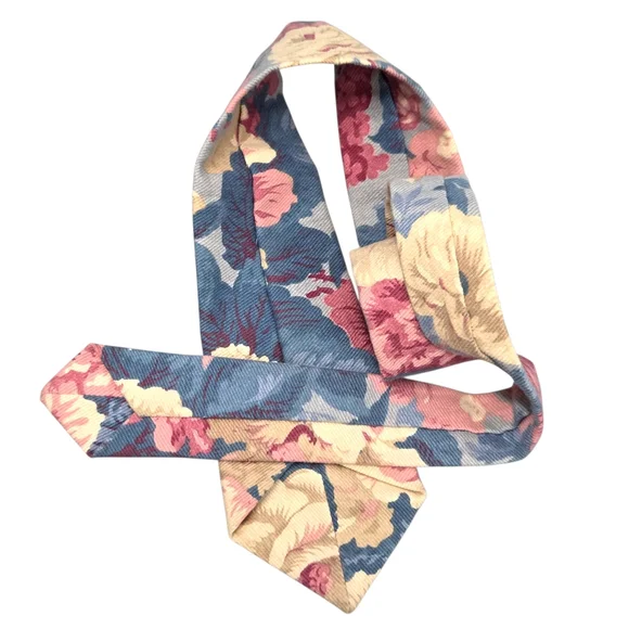 Vintage Floral Cotton Twill Tie - Blue, Cream, & Pink Rose Botanical Print EUC - Picture 3 of 7